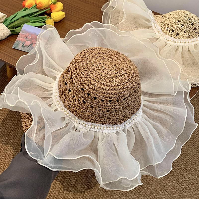 Sweet Cute Cherry Lace Edge Straw Hat For Women Summer Hollow Seaside Beach Vacation Big Brim Sunshade Cap Sun Cap