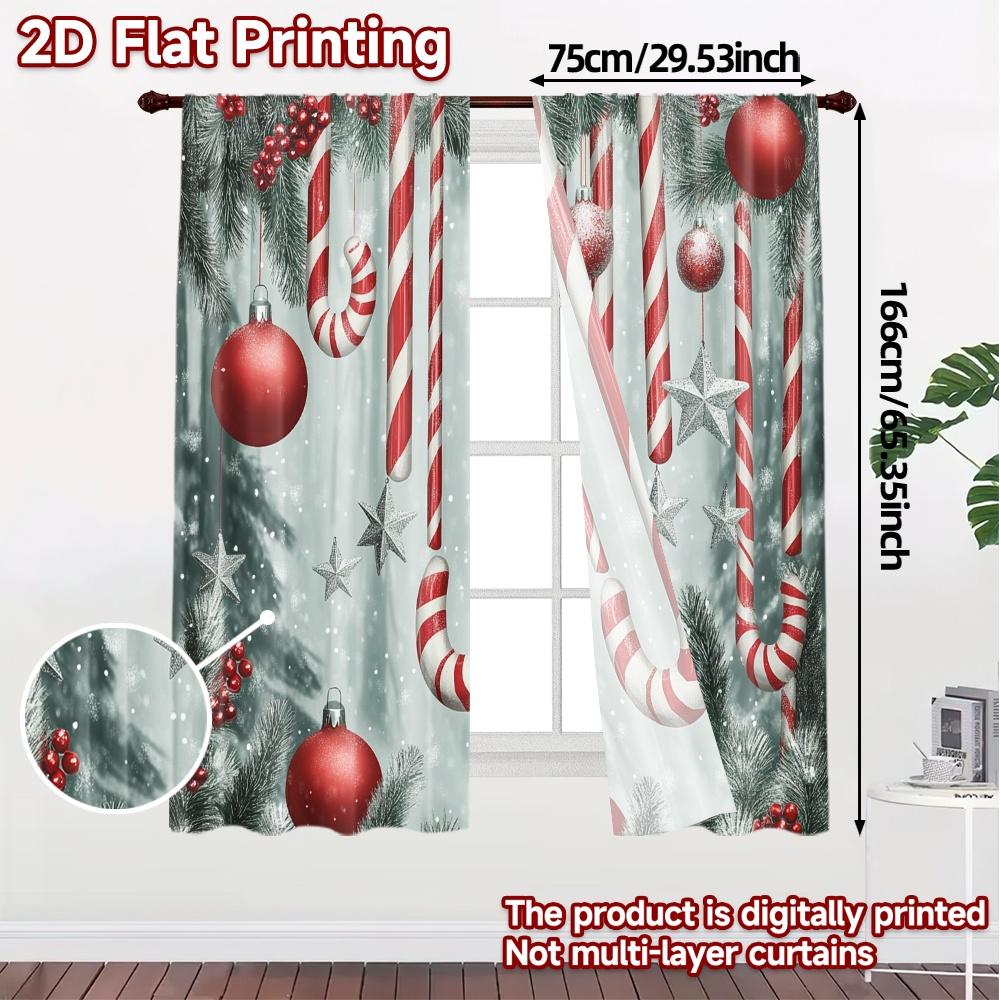 2pcs,Curtains Christmas Candy Cane Ornaments Snow (3) Pattern Popular Curtains Versatile 100% Polyester Curtains Thermal