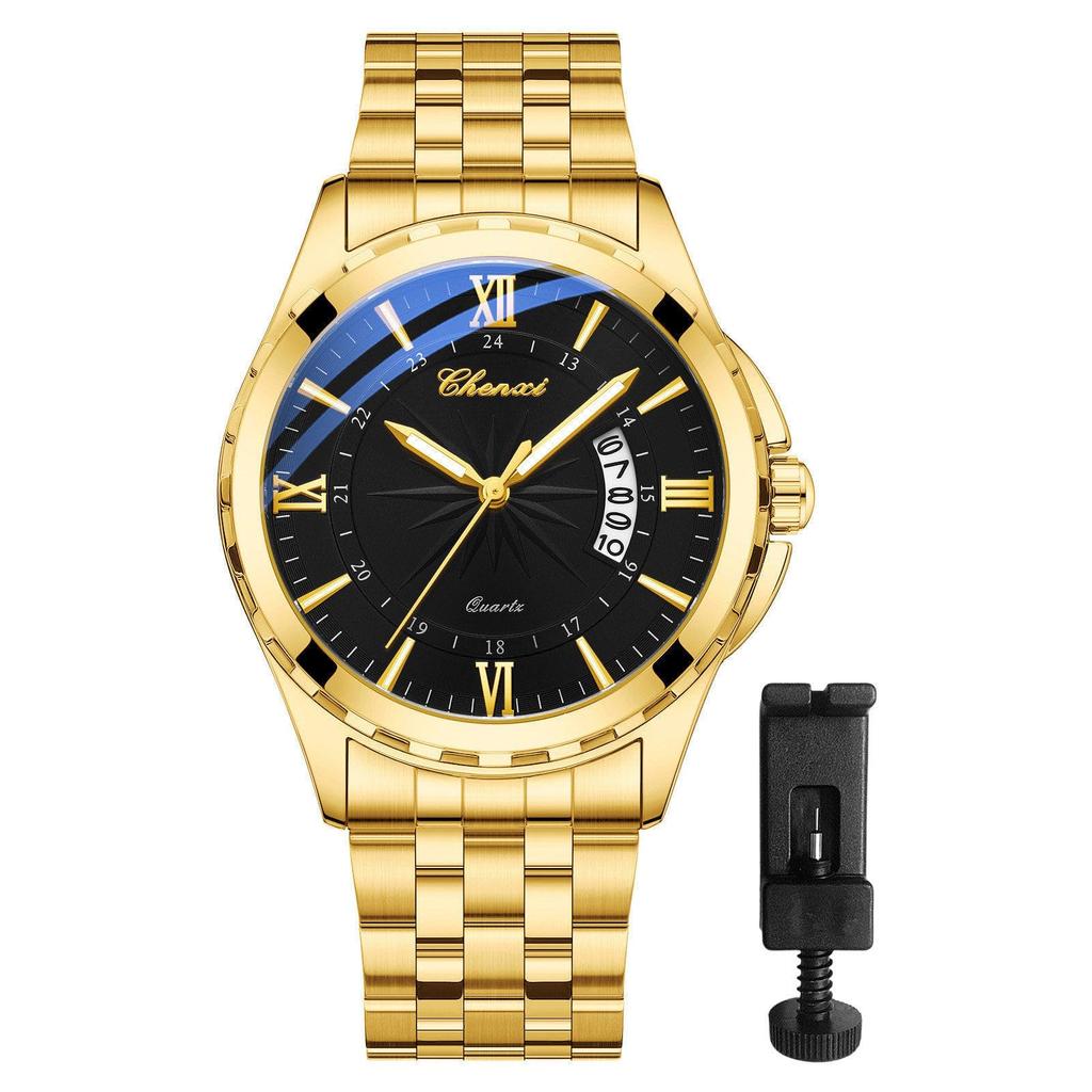 Watch Men Stainless Steel Calendar Gold 3ATM Water Resistant Luminous Analog Display Simple Fashion Quartz Watch Men Fashion Accessory - Birthday