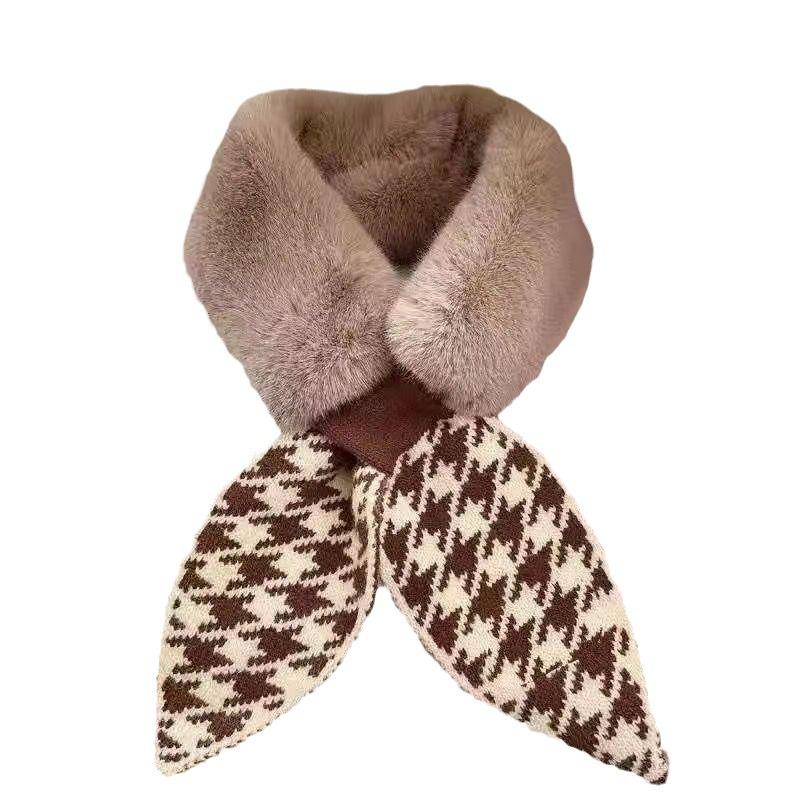 New Winter Korean Style Houndstooth Scarf Women's Fashionable Fur Warm Imitation Rabbit Fur Cross Small Scarf Thickened