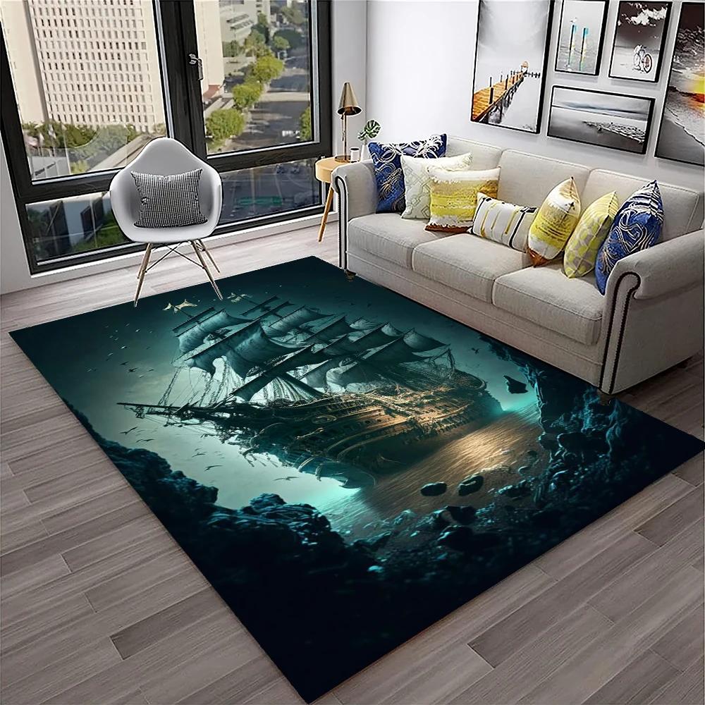3D Piratenschiff Boot, Bark, Segelboot Teppich für Zuhause Wohnzimmer Schlafzimmer Sofa Fußmatte Dekor, Kinderbereich Teppich Rutschfeste Bodenmatte