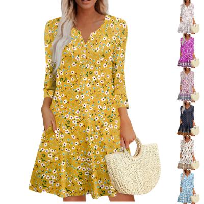 Women's Summer Dress Loose V Neck Three-quarter Sleeve Sundress With Pockets Dress