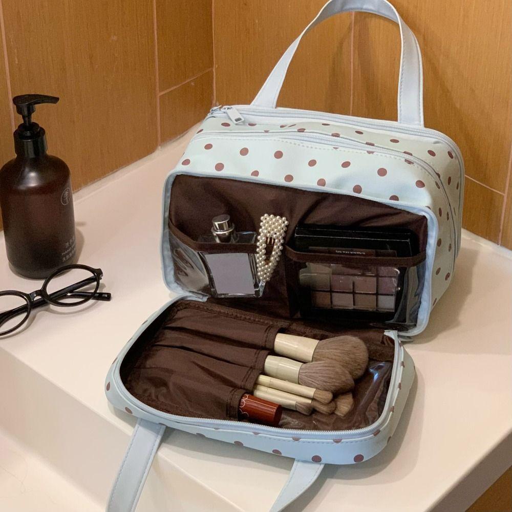 Three Layer Partition Pu Cosmetic Bag Polka Dot Toiletry Bag Portable Travel Tote  Unisex