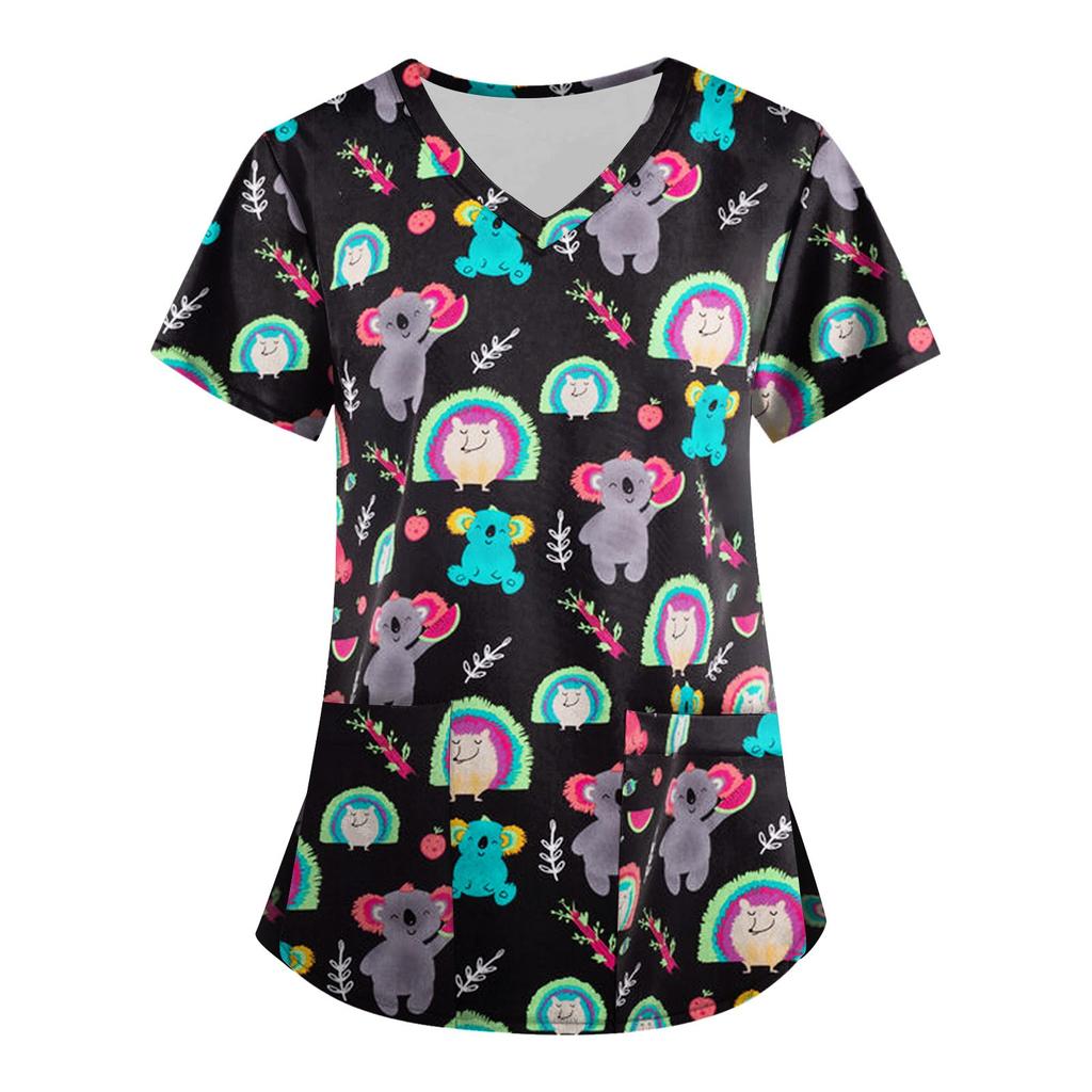 Women's Fashion V-neck Short Sleeve Workwear With Pockets Printed Tops