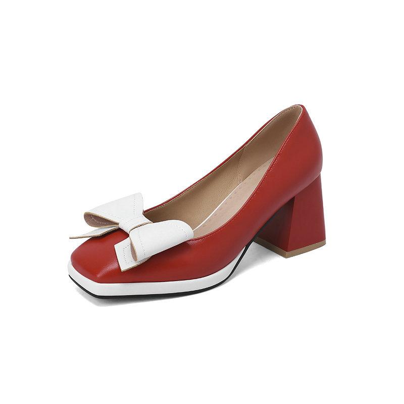 Fashion Sweet Bow-tied Women's Heels Shoes Large Size Leisure Elegant Blue Red Block Medium Heel Pumps Office Party Wedding Shoes