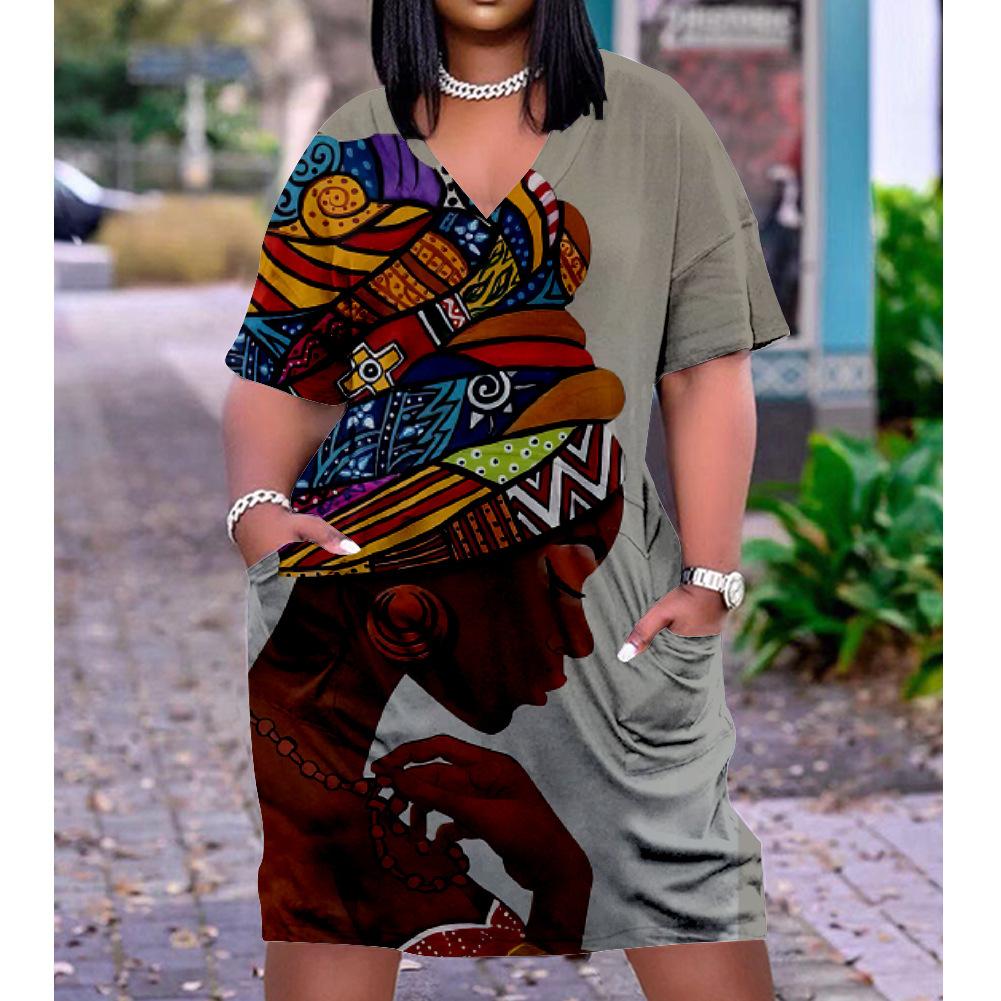 2026 digital printing cross-border temperament commuter skirt pullover V-neck dress