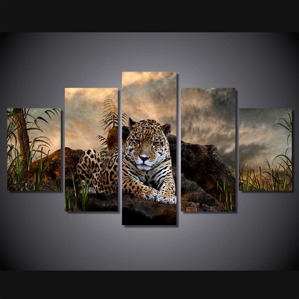 Hjemmeinnredning Moderne HD-trykte malerier Rammeverk 5-panel Dyreleoparder Modulære plakater Tableau Veggkunstbilder Lerret