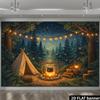 2D Flat Banner, Retro Tipi Tent Camping Backdrop, Starry Sky Pine Forest, Bonfire Scene, Fireflies String Lights