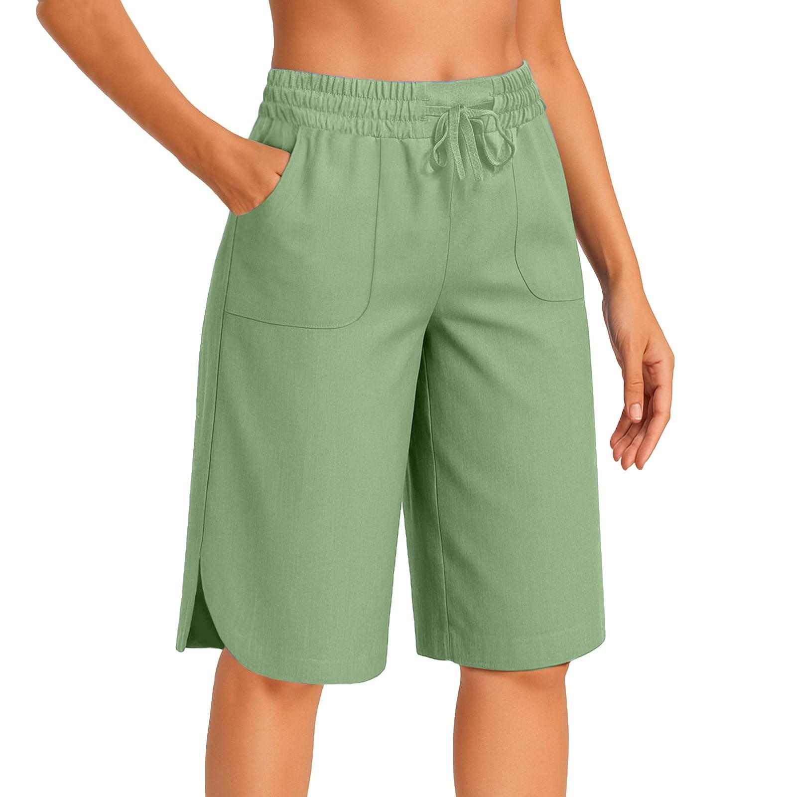 

Женские летние брюки-кюлоты - однотонные повседневные шорты из хлопчатобумажной ткани с эластичной резинкой на талии XL зелёный