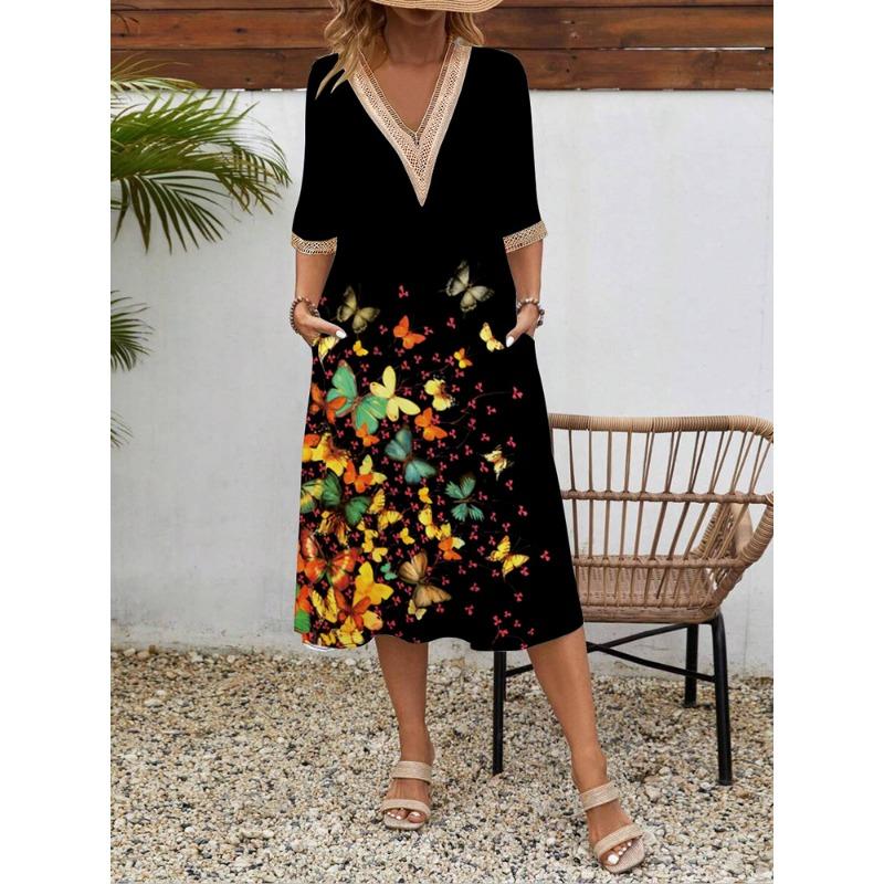 Women's Spring/summer Printed Short-sleeve Dress Lace V-neck Loose Swing Short-sleeve Mid-length Dress