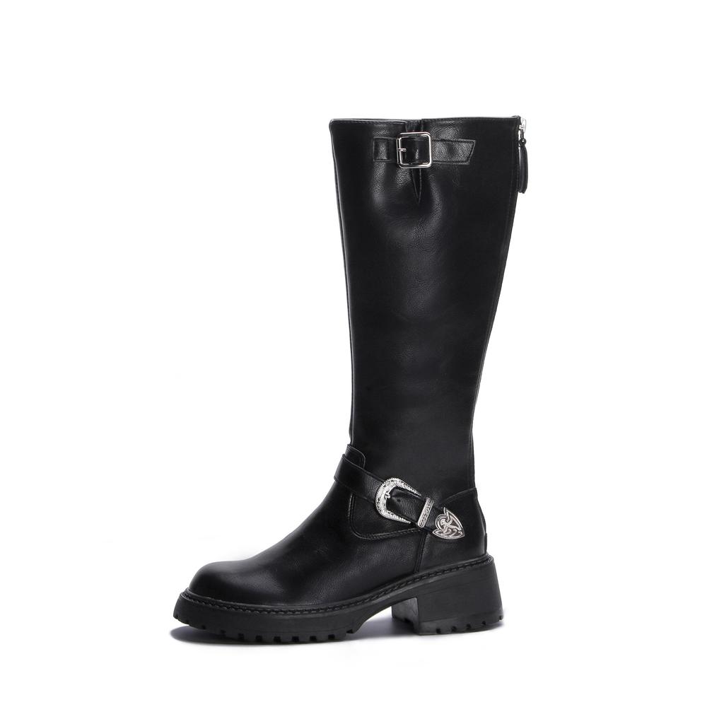 New spot winter new fashion knight boots thick sole small height increase boots women's belt buckle leather black