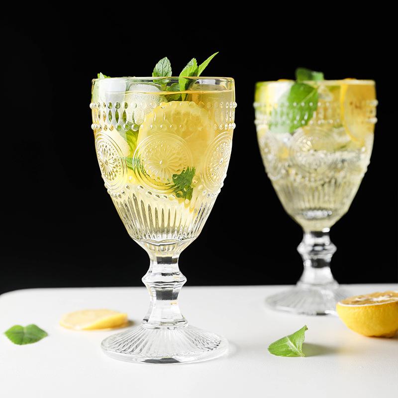 300Ml Goblet Ins Style Cocktail Glass High Foot Cup Embossed Sunflower Pattern Water Cups Juice Cup Coffee Cup For Kitchen Bar