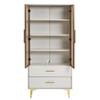 Glass Display Cabinet LED Lights, White 2 Doors & 2 Drawer, Modern Bookcase Adjustable Shelves, Metal Legs, Living Room Office Dining Room