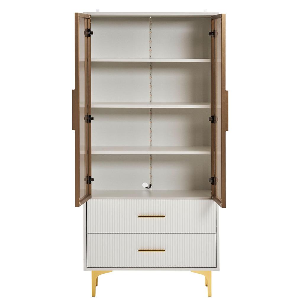 Glass Display Cabinet LED Lights, White 2 Doors & 2 Drawer, Modern Bookcase Adjustable Shelves, Metal Legs, Living Room Office Dining Room