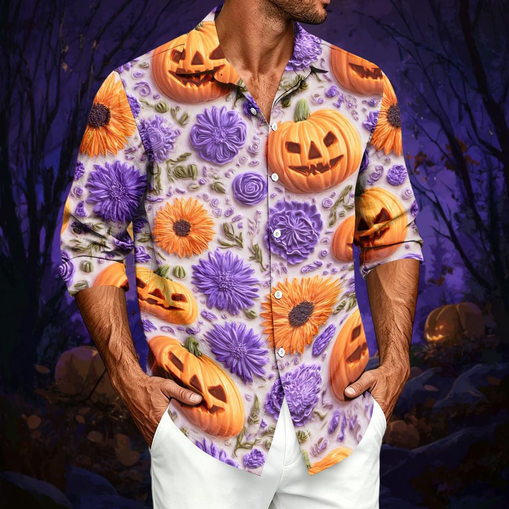 Men's Casual Long-Sleeve Shirt with Halloween Print for Spring ,Summer and Fall