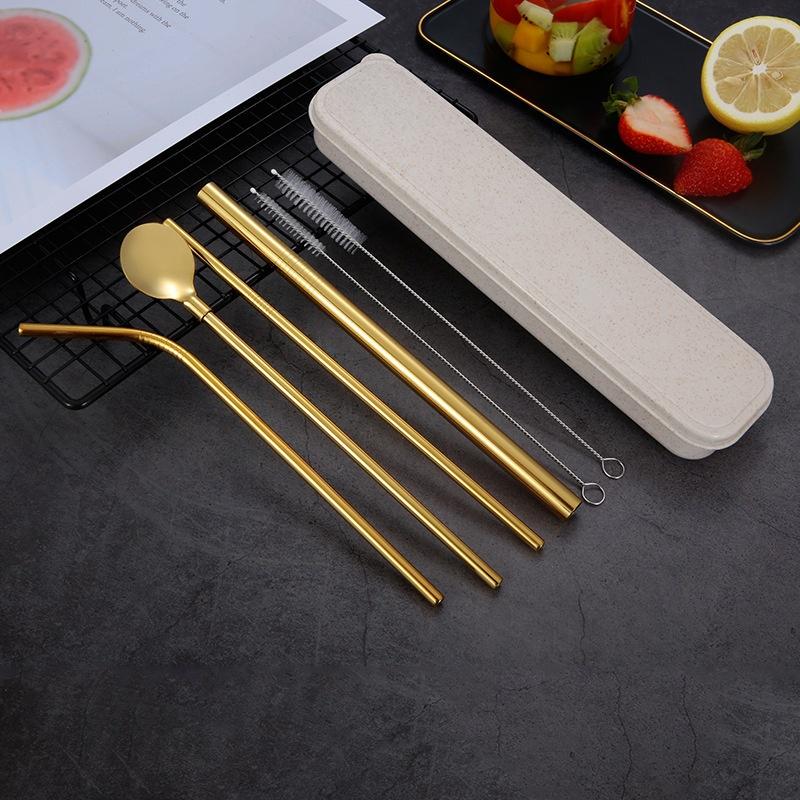 NEW Drinking Straw Stainless Steel Straw Set Straw Spoon with Brushes Box