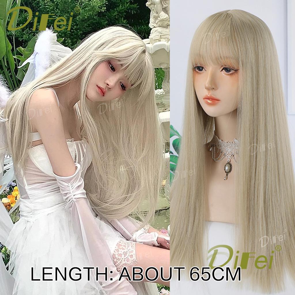 Platinum Blonde Straight Synthetic Cosplay Wig Straight Hair Wig With Straight Bangs Suitable For Women Halloween Christmas Wear