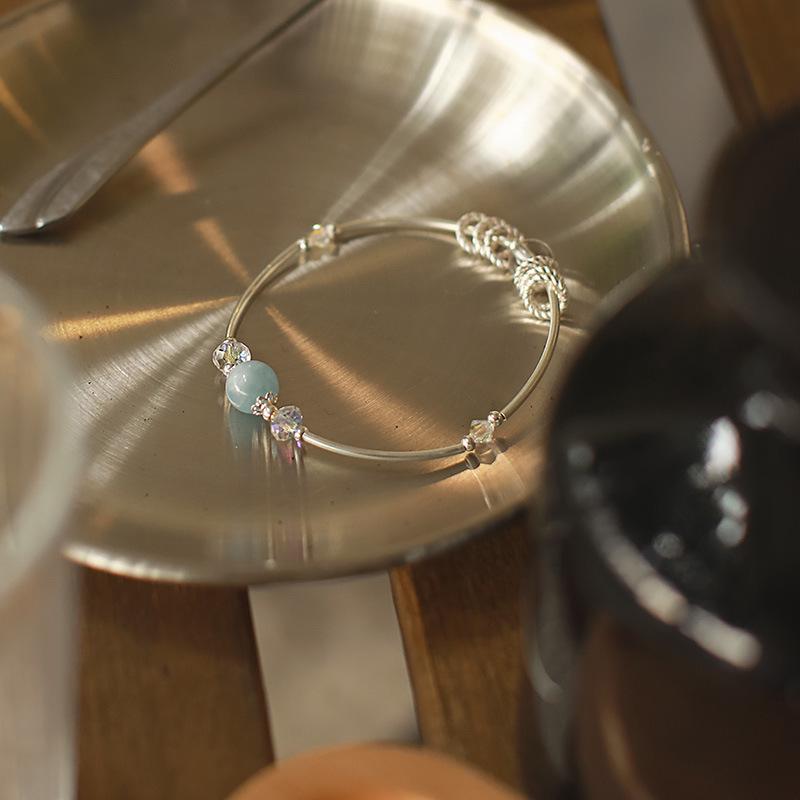 

Аквамарин Свежий Голубой Кристалл Браслет из Бусин с Серебряным Пером S925