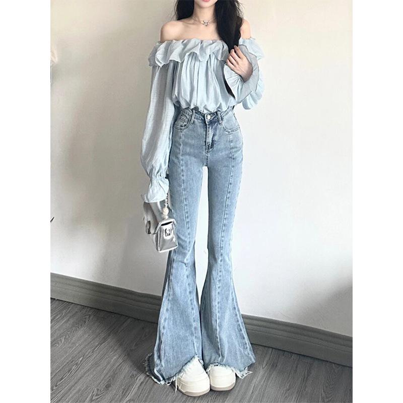 

Women s Light Spicy Girl Micro-Flare High-Waist Retro Jeans - Slimming Raw Hem Straight Leg for Autumn M