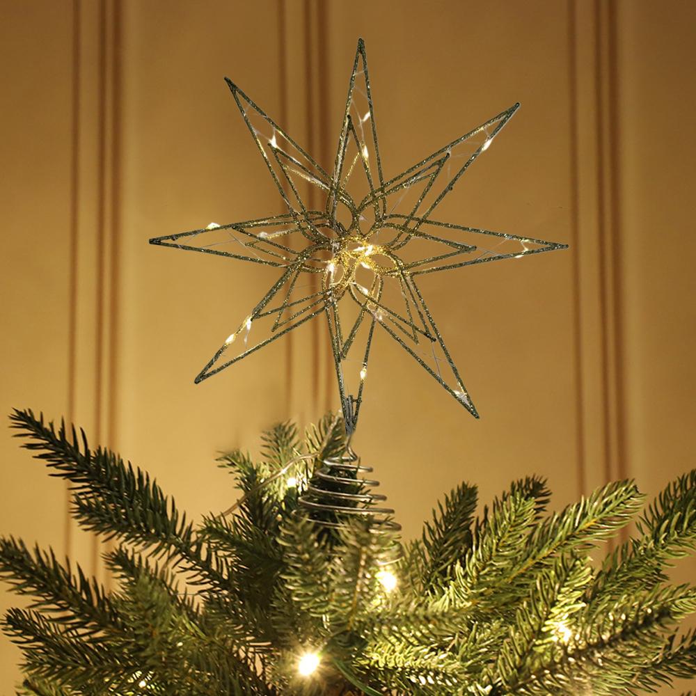 20-Lights Christmas Star Tree Topper Multi-Pointed Pre-lit Glittered Snowflake Treetop Lighted Xmas Treetop for Home Decorations