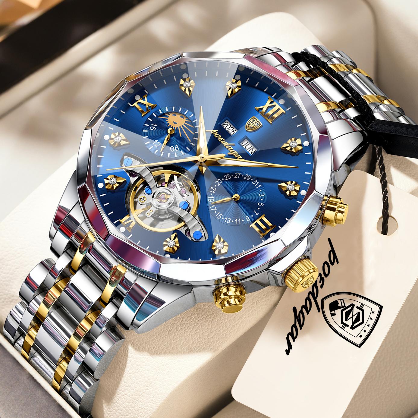 

POEDAGAR Luxury Men Watch Fashion Waterproof Hollow Tourbillon Man Wristwatch Automatic Mechanical Stainless Steel Watches синий/золотой