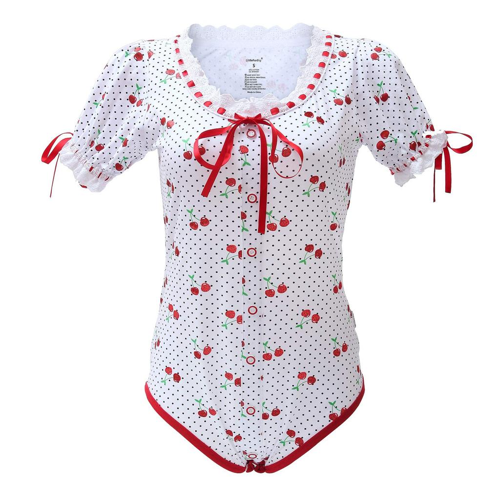 LittleForBig Adult Lolita Romper Cherry Ribbon Bow Lace Cotton Size S [Sparkling Print] Pajamas,