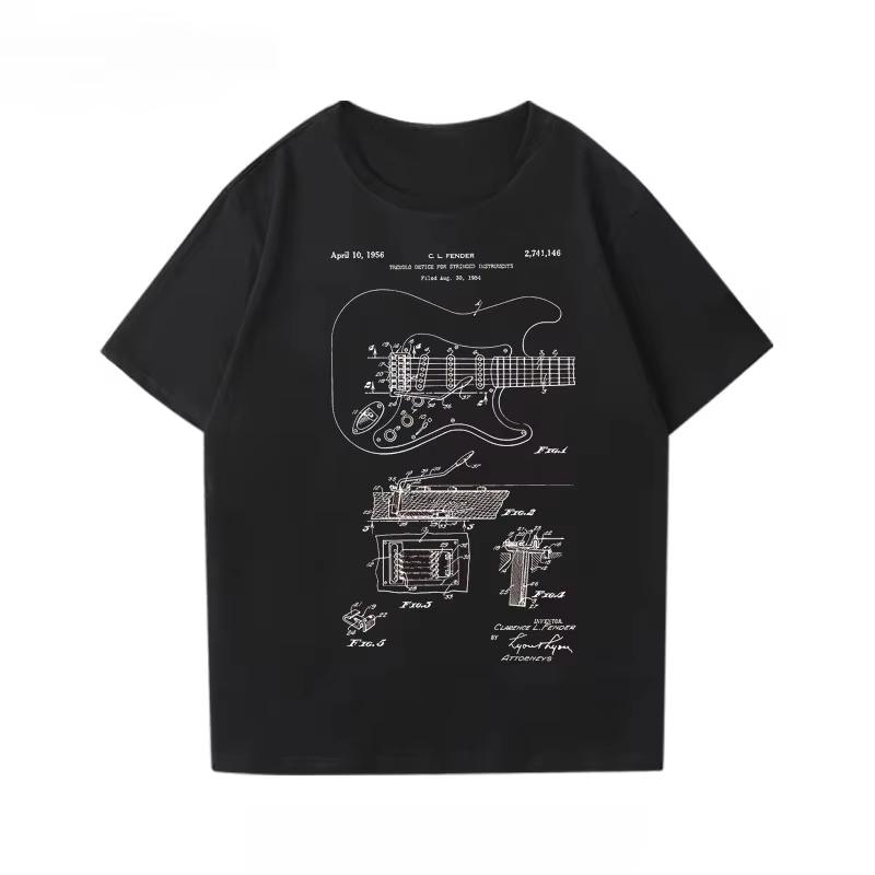 Fender Electric Guitar Short Sleeved Printed T-shirt for Boys, Guitarist Performance Outfit, Pure Cotton, Parent-child
