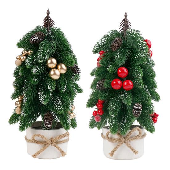 Mini Artificial Christmas Tree Ornament Tabletop Noble Fir with Red Berries Festive Holiday Decoration for Home Office Party