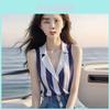 Blouse rayée d'été style français sans manches avec motif 3D pour femme