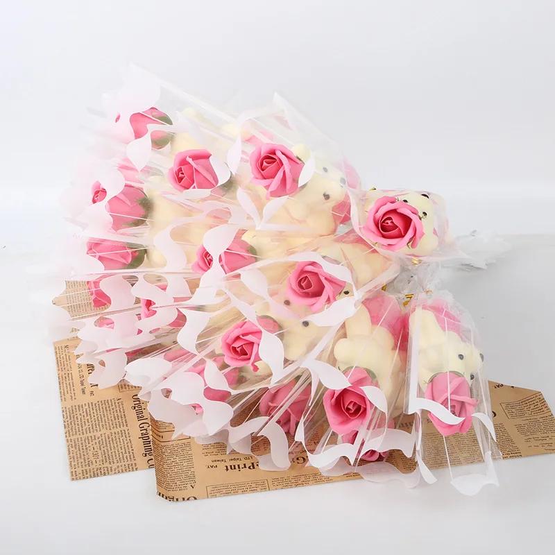 1pc Beautiful Creative Scented Flower Soap Roses With Cute Teddy Bear Christmas Gift Colorful Bear Soap Rose Home Decoration