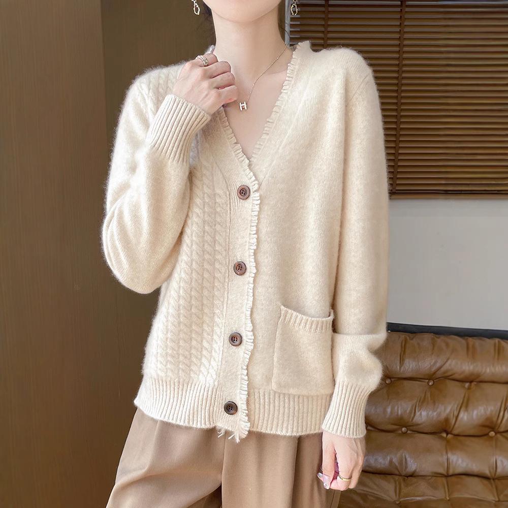 Women's 100% Wool V-neck Tassel Edge Cardigan Sweater - Soft, Loose Knit for Spring and Autumn