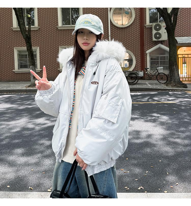 

Большая меховая опушка капюшона Унисекс парки Пальто с хлопковой подкладкой Женская зимняя короткая утепленная куртка XL бежевый