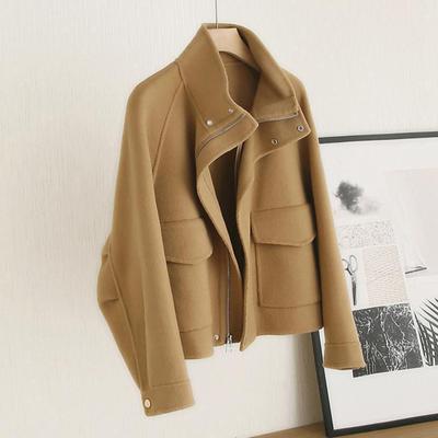 Fall Winter Woolen Coat with Side Pockets Zp-up Press Button Turn-down Collar Solid Color Long Sleeve Thick Jacket Commuting Dating Outerwear