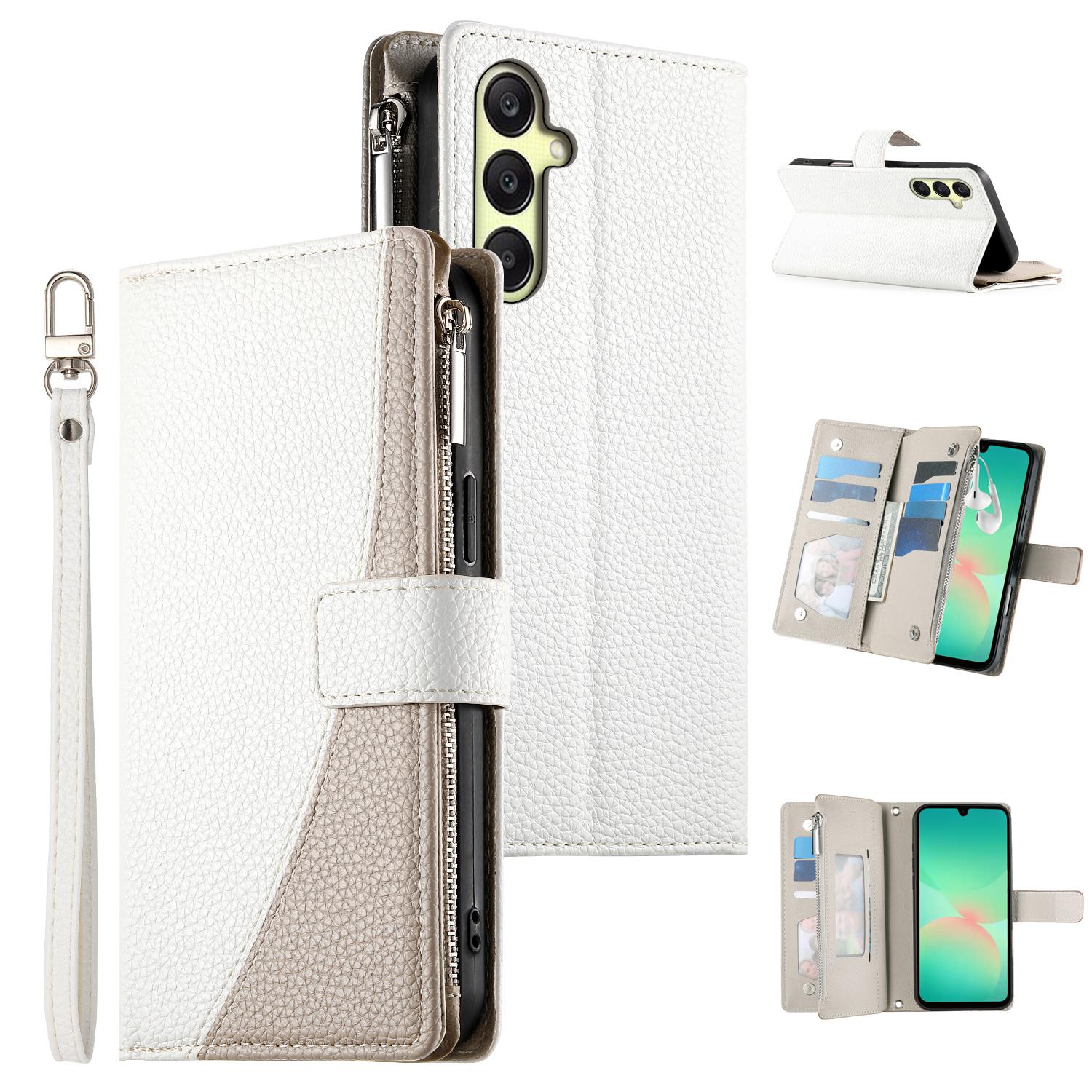 

For Samsung Galaxy A17 5G Case Zipper Wallet Color Splicing Leather Flip Phone Cover with Straps White