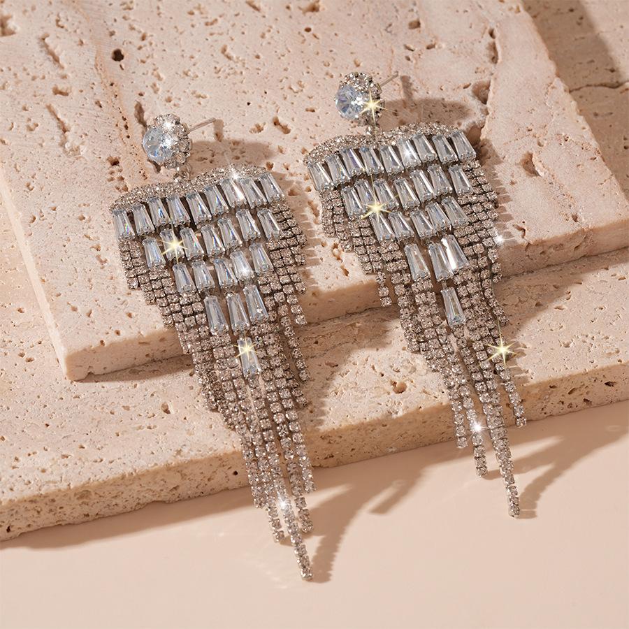 Light Luxury Zircon Fringed Silver Needle Earrings Exaggerated Earrings