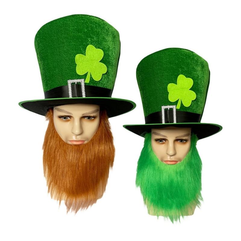 Green Tall Hat StPatrick Day Flat Top Hat Holiday Headdress Irish National Day Celebration Beard Cap Festival Props Hat