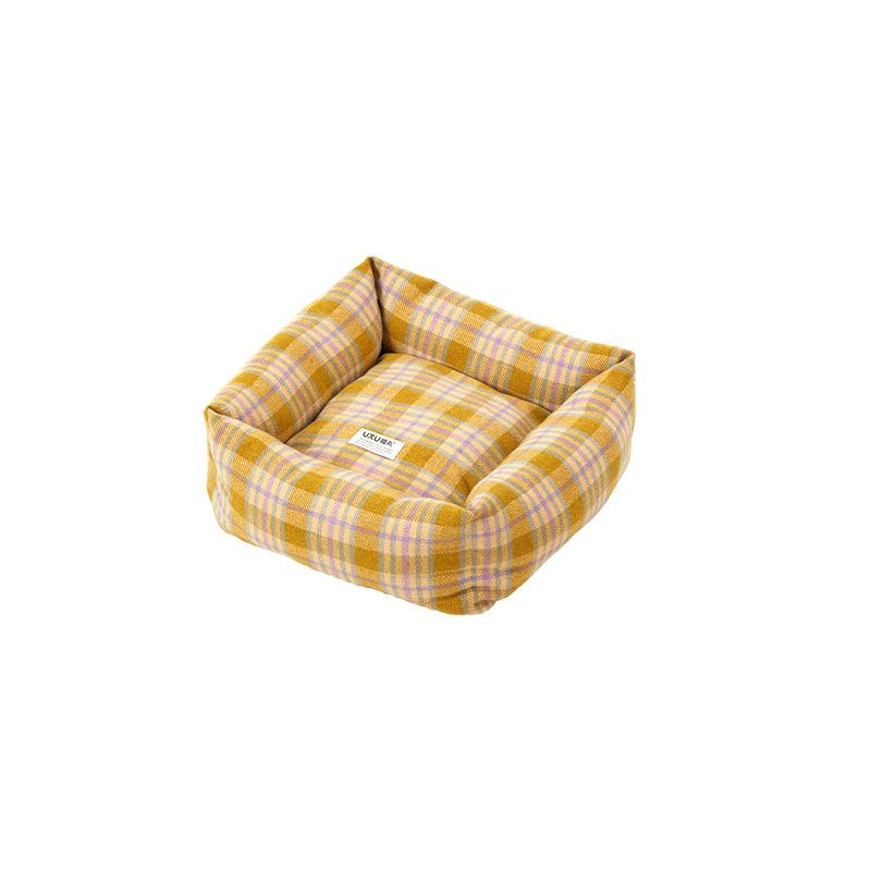 

Fuman Square Cat House Winter Warm Removable Wash Retro Plaid Pet Mat Sleeping Bed All Season Use