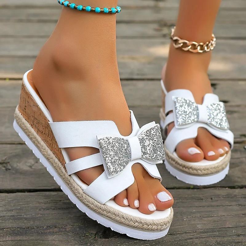 Fashion Shiny Bow Decor Wedge Sandals for Women Summer 2025 Fashion White Platform Slippers Woman Thick Sole Non Slip Beach Slides 36-42
