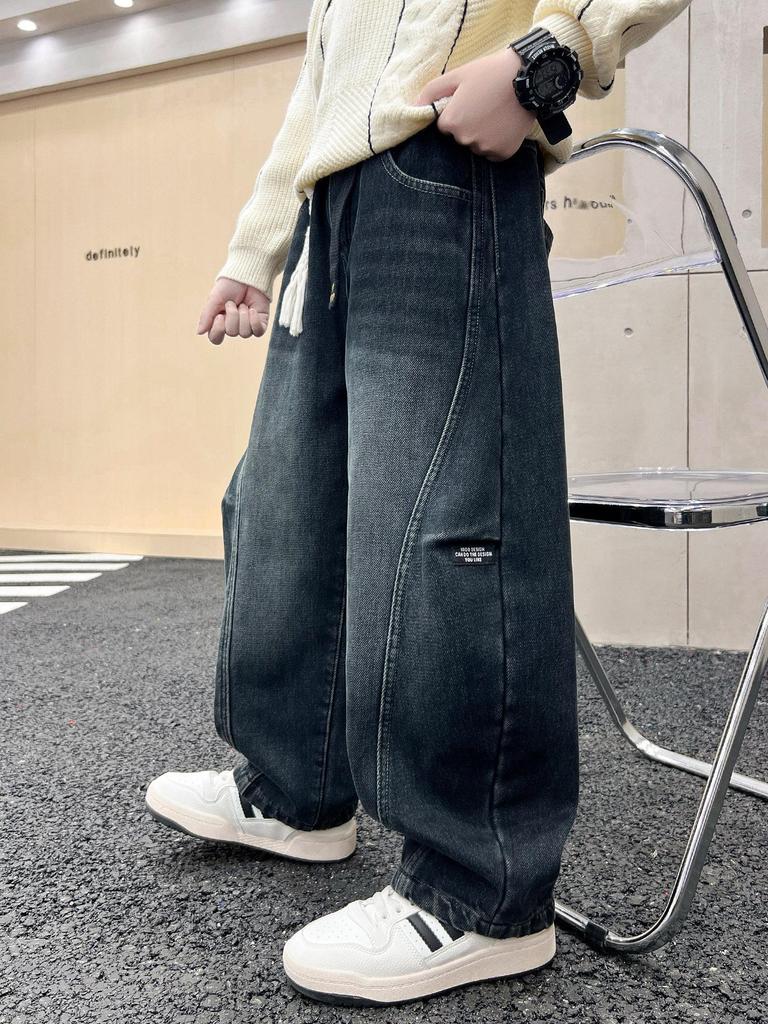 2025 Boys' Plush-Lined Denim Fleece Pants - Winter Wear for Teens and Kids
