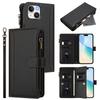 For iPhone 15 Leather Case 9 Card Slots Zipper Wallet Stand Phone Cover with Wrist Strap