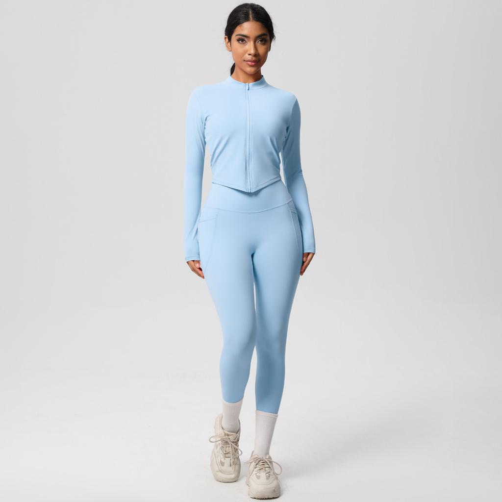 Naked Tight Zipper Jacket Yoga Suit Set, High Waist Pocket Quick Drying Exercise Running Fitness Two-Piece Set For Women