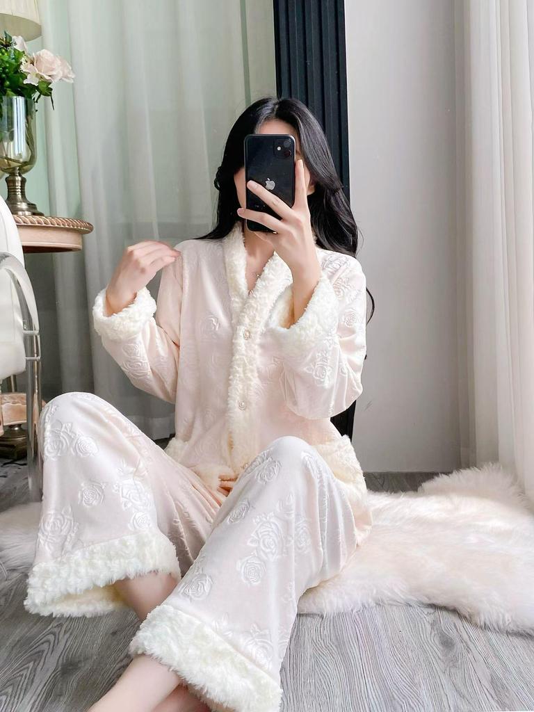 Women's Island Fleece Pajamas - High-End Minimalist Long Sleeve & Pants Thick Warm Set for Autumn/Winter