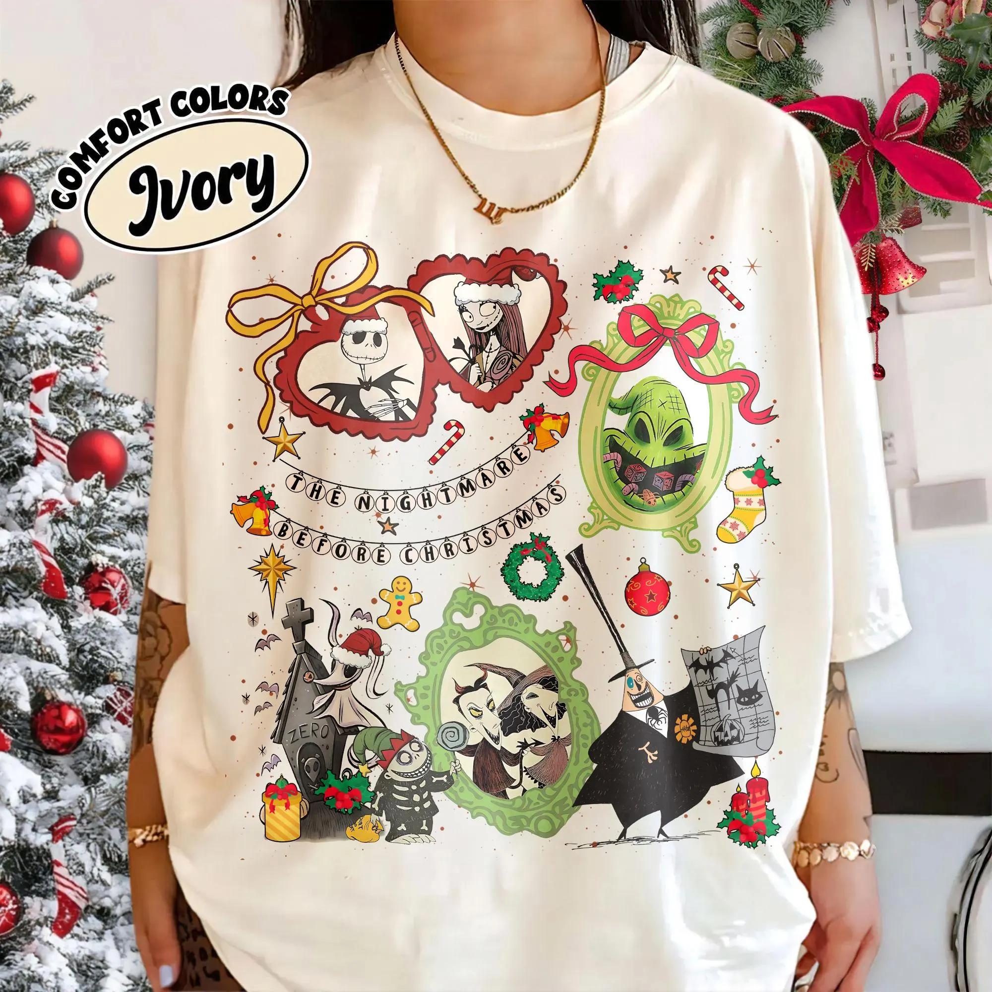 Retro Christmas Eve Horror Playful Shirt Jack and Sally Holiday Bow Tshirt Christmas Movie Tshirt S