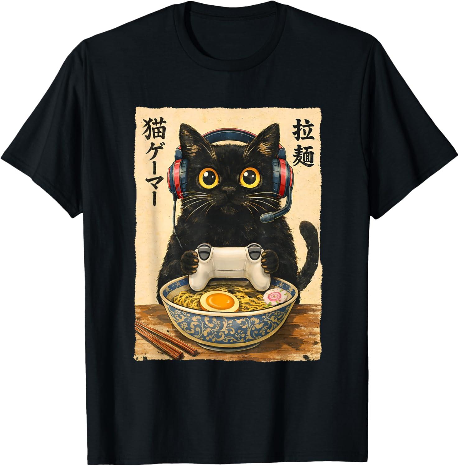 Funny Cat Gamer Ramen Graphic Japanese Kawaii Anime Gaming Unisex T-Shirt S