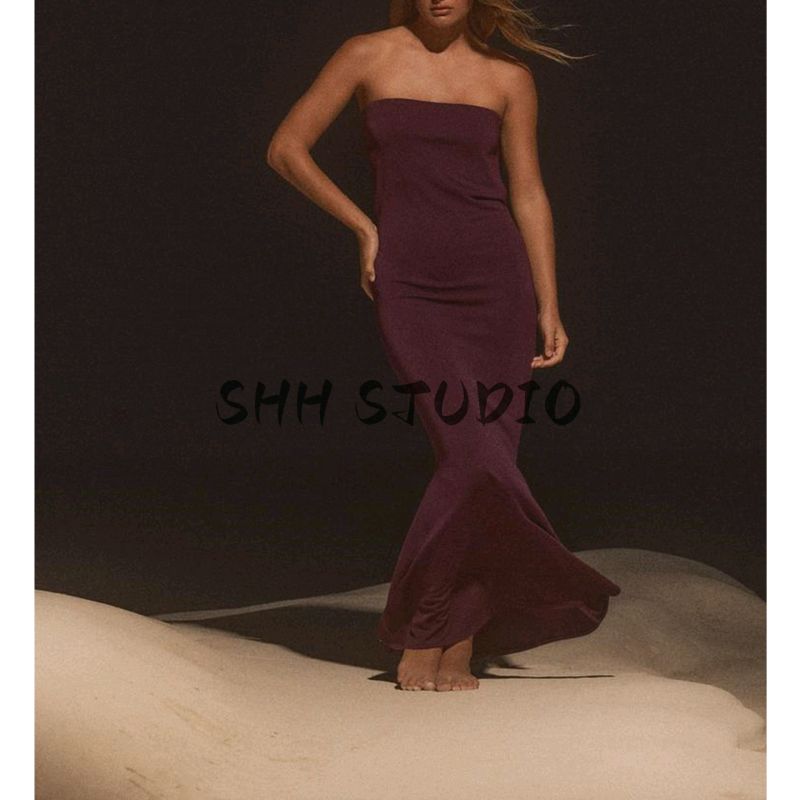 Summer Women's Pleated Draped Collar Design Strapless Straight Collar Back Sling Tube Top Long Dress 5039423