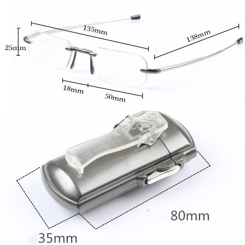 Portable Mini Folding Frameless Reading Glasses Men Adjustable Temples Eyeglass with Case Belt Clip Presbyopic Glasses Women