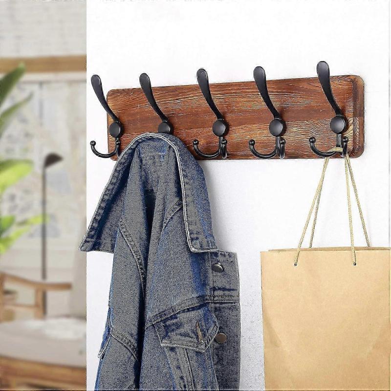 Coat Rack Wall Mounted - Wooden, Heavy Duty, for Wall, 16'' Hole To Hole, with 5 Triple Hooks for Hanging Clothes, Jacket, Hat (Brown)
