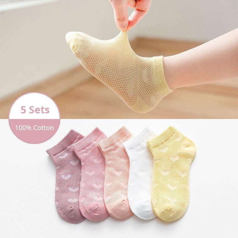 5 Pairs Sets 1 to 3 Years Old Soft Cotton Infant Short Tube Mesh Socks Summer Accessories ideal for Infant Girl Boy Clothing Colorful Gift Idea