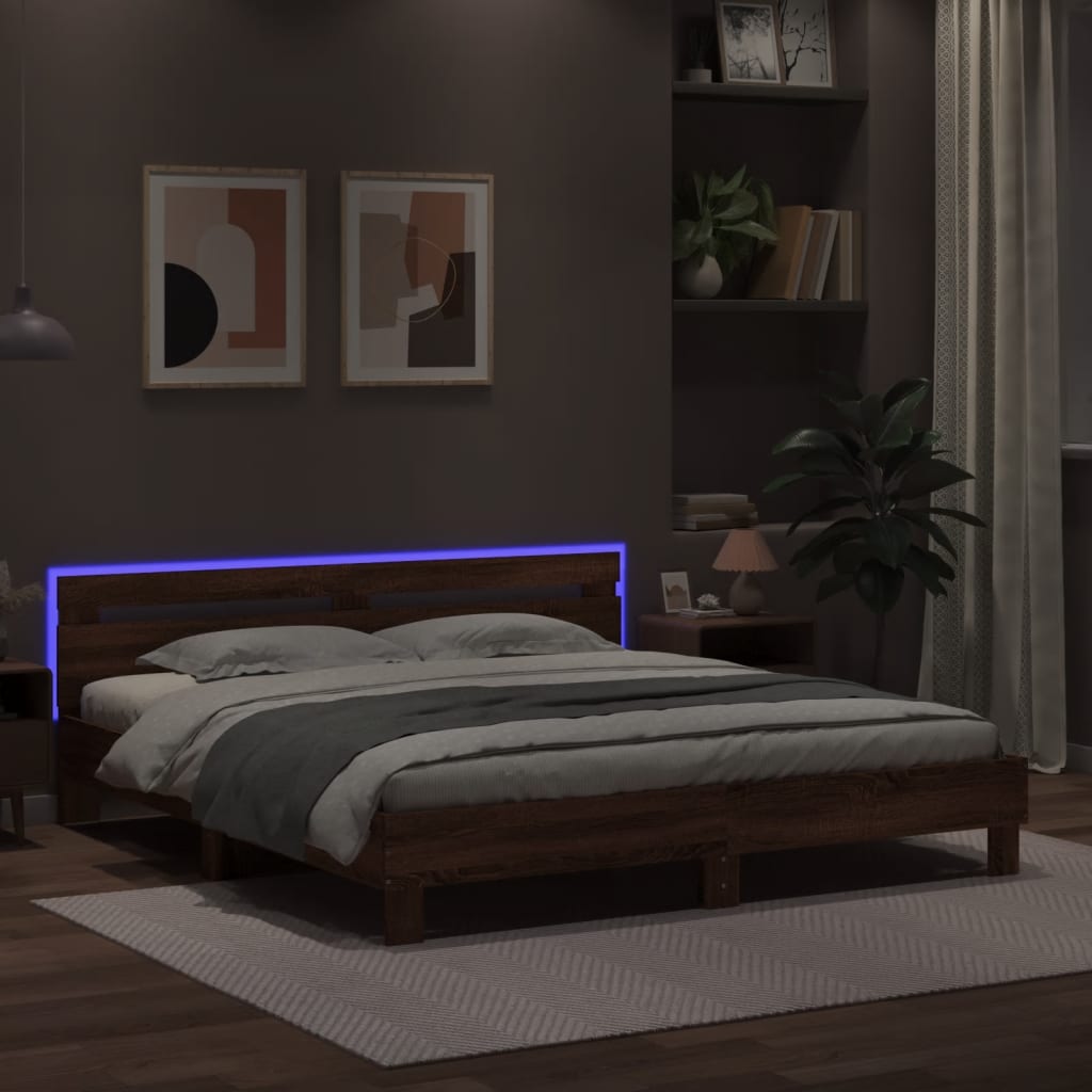 vidaXL Bettgestell mit Kopfteil und LED-Beleuchtung Braun Eiche-Optik