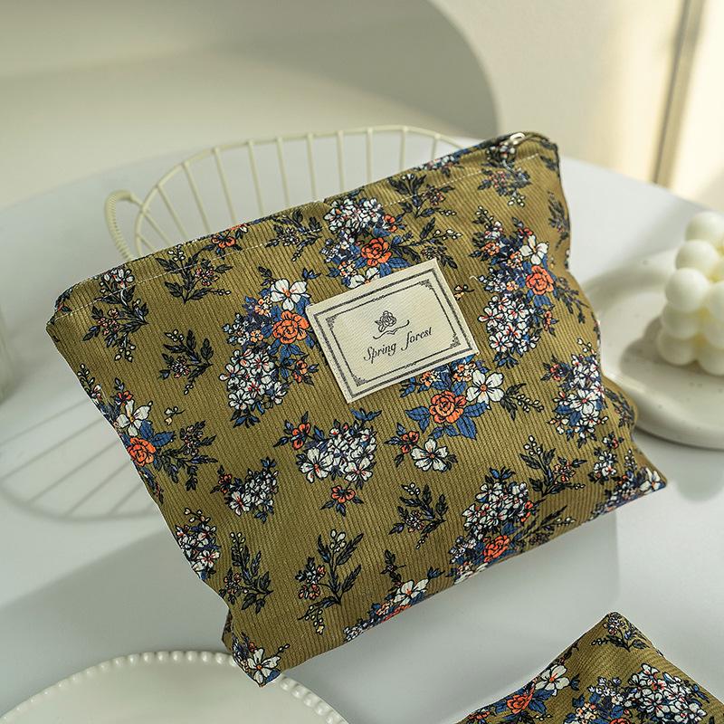 Retro Floral Corduroy Cosmetic & Toiletry Travel Bag 16cm x 4cm x 10cm
